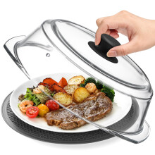 2 in 1, Tall Glass Microwave Splatter Cover for Food & Microwave Place Mat, Plate Splatter Guard Lid with Silicone Handle Knob, Cookware & Bakeware S