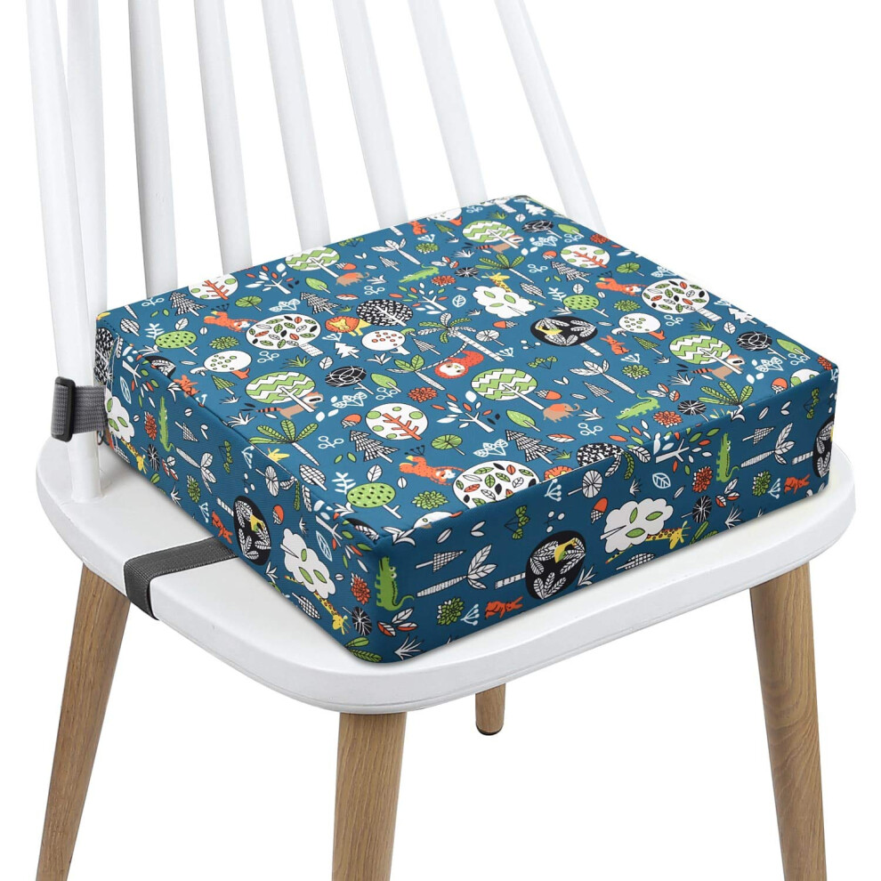 Toddler Booster Seat For Dining Table, Washable Cartoon Forest Cushion With Dual Safety Straps, Green