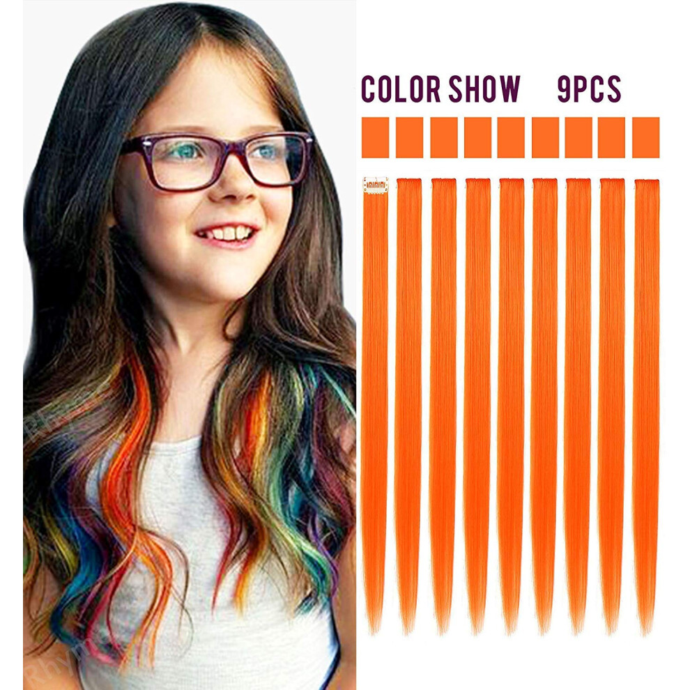 Orange Clip In Hair Extensions for Women 10PCS Synthetic Straight Heat Resistant Vibrant Hair Pieces