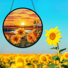 HOTIYOK Sunrise Sunflowers Plant Acrylic Window Hanging Red Cloud Nature Landscape Stained Wall Decor, Ideal Housewarming Gift, Home Decor for Mom Gr