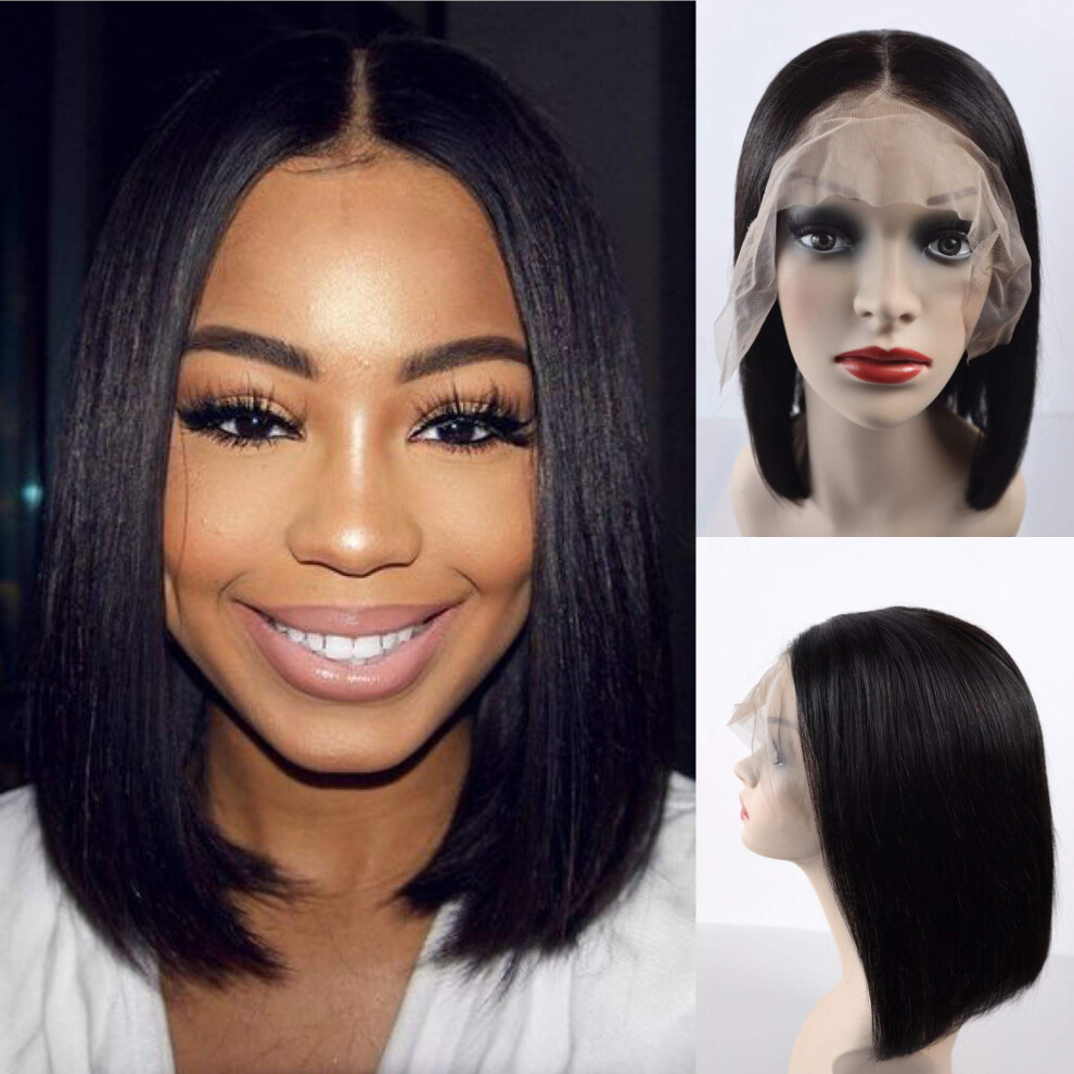 Unisex 13X6 Lace Front Human Hair Bob Wig 12 Inch Short Straight Brazilian Remy Pre Plucked Natural Hairline