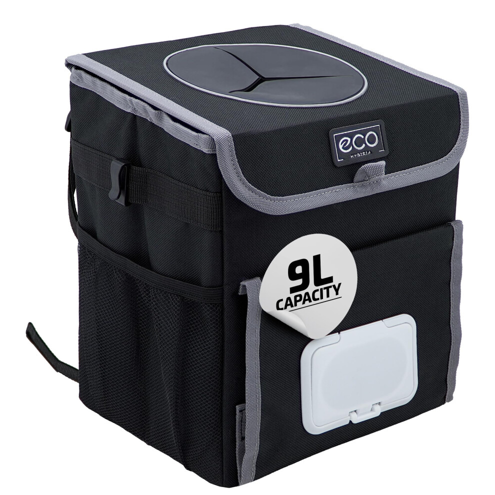 Leakproof Waterproof Car Trash Can With Lid, Hanging Garbage Bin 9L, Storage Pockets And Strap 9113335622340
