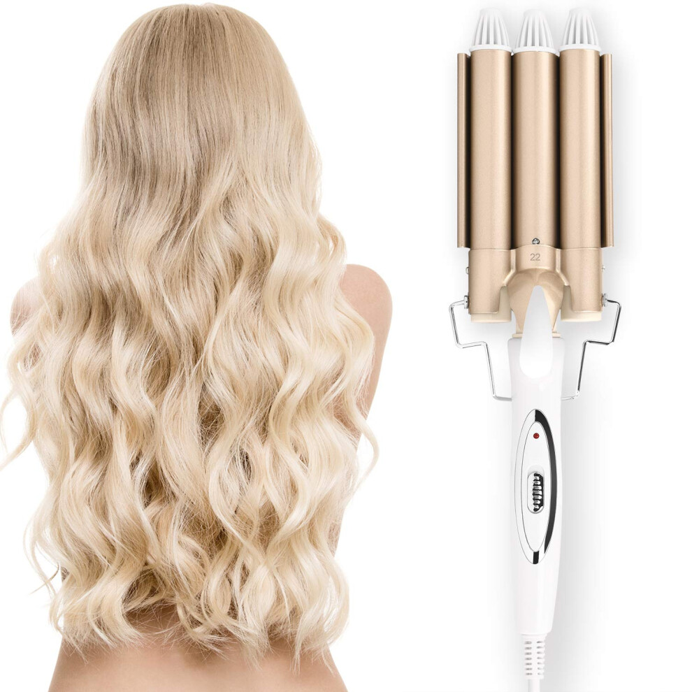 Gold Triple Barrel Curling Iron 22Mm Tourmaline Ceramic Hair Waver For Beach Waves, Fast Heating