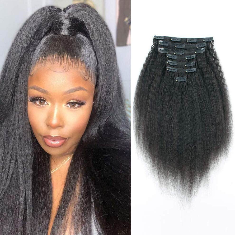14 Inch Kinky Straight Clip In Human Hair Extensions for Black Women, 7pcs 120g Yaki Straight Natural Black Brown