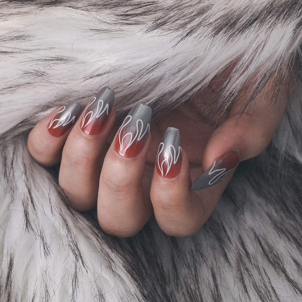 Red Glossy Coffin Press On Nails Set For Women, Medium Ballerina Acrylic False Nails 24Pcs