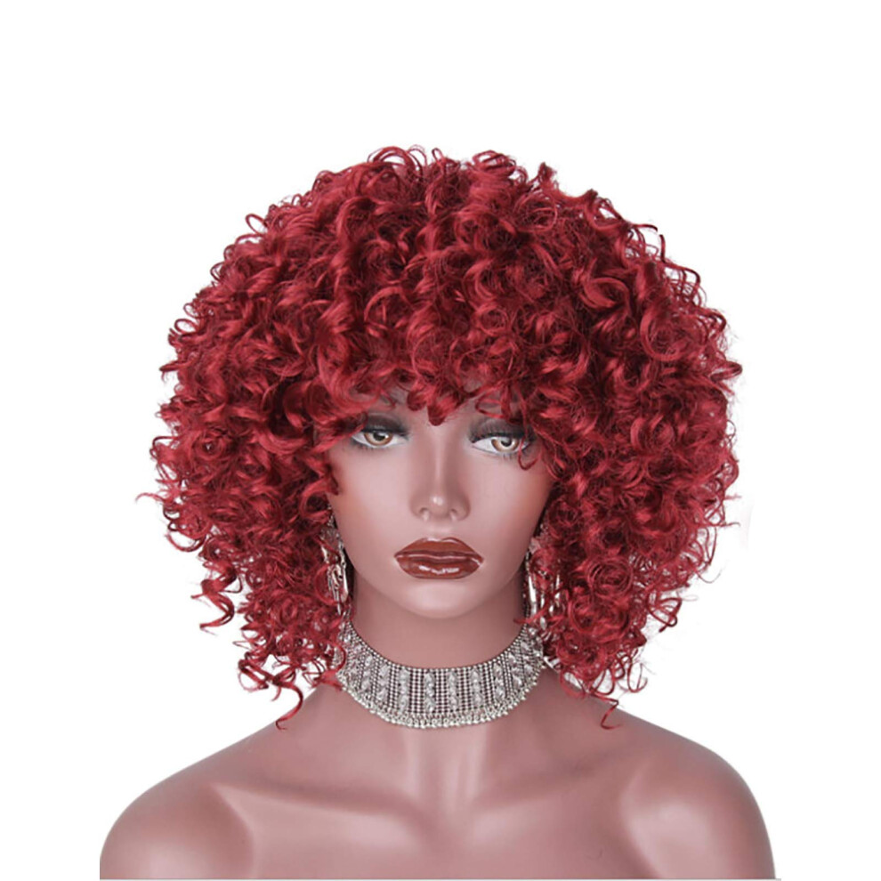 Unisex Black,Red Afro Curly Wig For Black Women 15 Inch Short Kinky Curly Wig With Bangs Lightweight Bouncy Red Hair