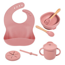 Baby Feeding Set with Bib, 3in1 Cup, SlipProof Bowl and Soft Spoon – Silicone Dinnerware for Self Feeding (Pink)