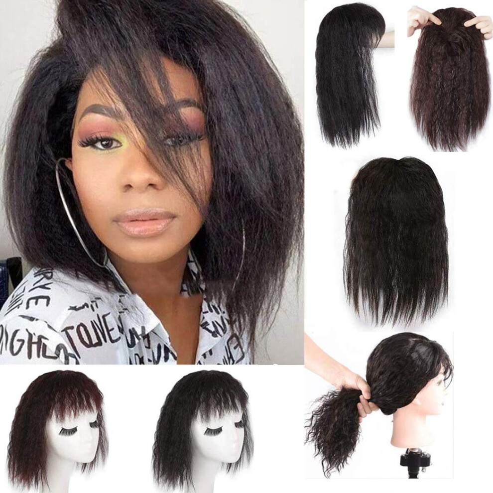 Unisex Kinky Straight Human Hair Topper With Bangs 14 Inch Clip In Hairpiece For Women With Thinning Hair