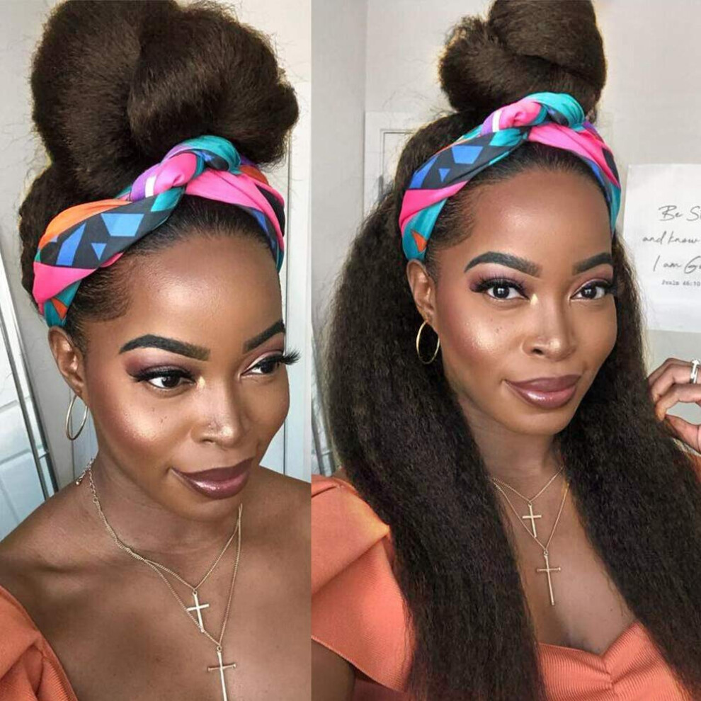 Unisex Black 20 Inch Long Kinky Straight Headband Wig For Women Synthetic Yaki Hair With Natural Texture