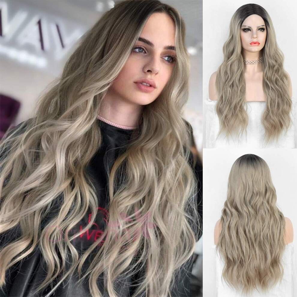 Unisex Dark Blonde Ombre Wig With Roots Long Wavy Synthetic Wig For Women Heat Resistant Glueless 22 Inches