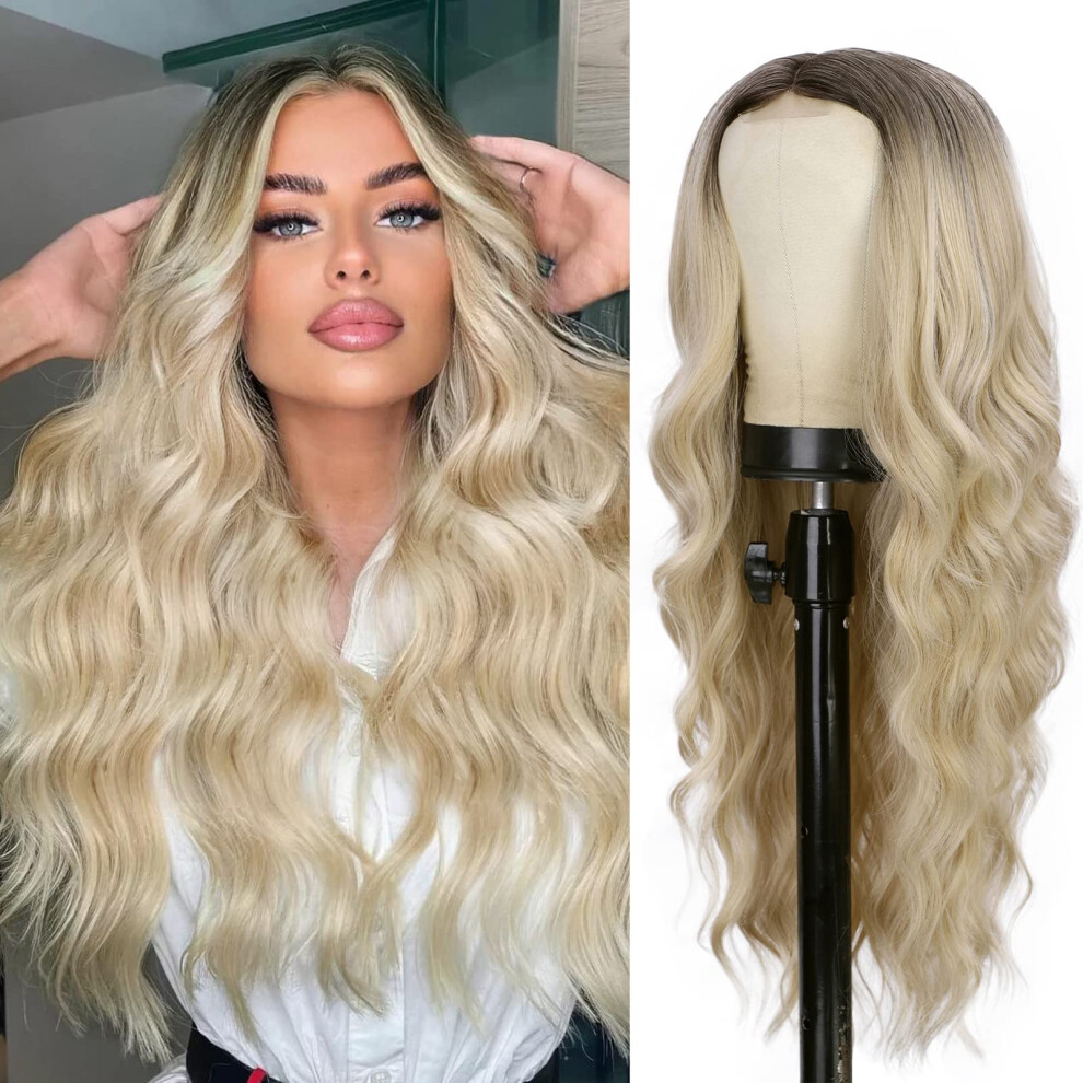 Unisex Ombre Blonde Wigs For Women Long Wavy Synthetic Wig With Middle Part Natural Looking Everyday Wear