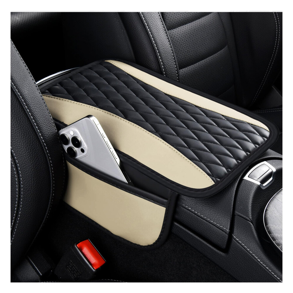 Car Center Console Cover Leather Armrest Protector With Side Pocket, Waterproof Universal Fit ( Beige) Light/Beige 9113335623897
