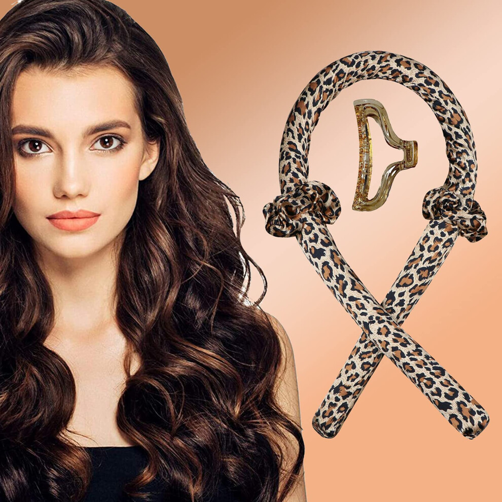 Yellow Silk Heatless Curling Rod Headband For Overnight Curls, No Heat Ribbon Hair Rollers Leopard
