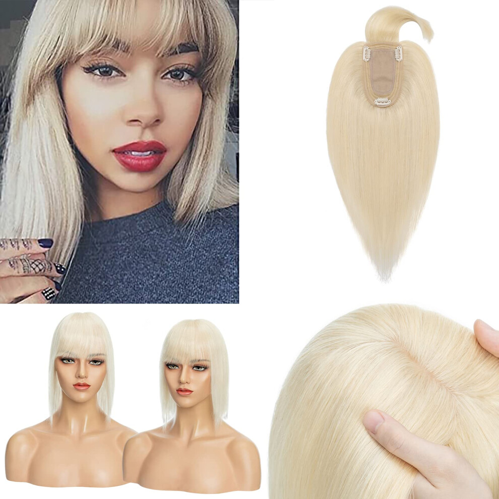 Unisex Silver Remy Human Hair Topper With Bangs For Women 14 Inch Platinum Blonde Silk Base Full Volume Clips