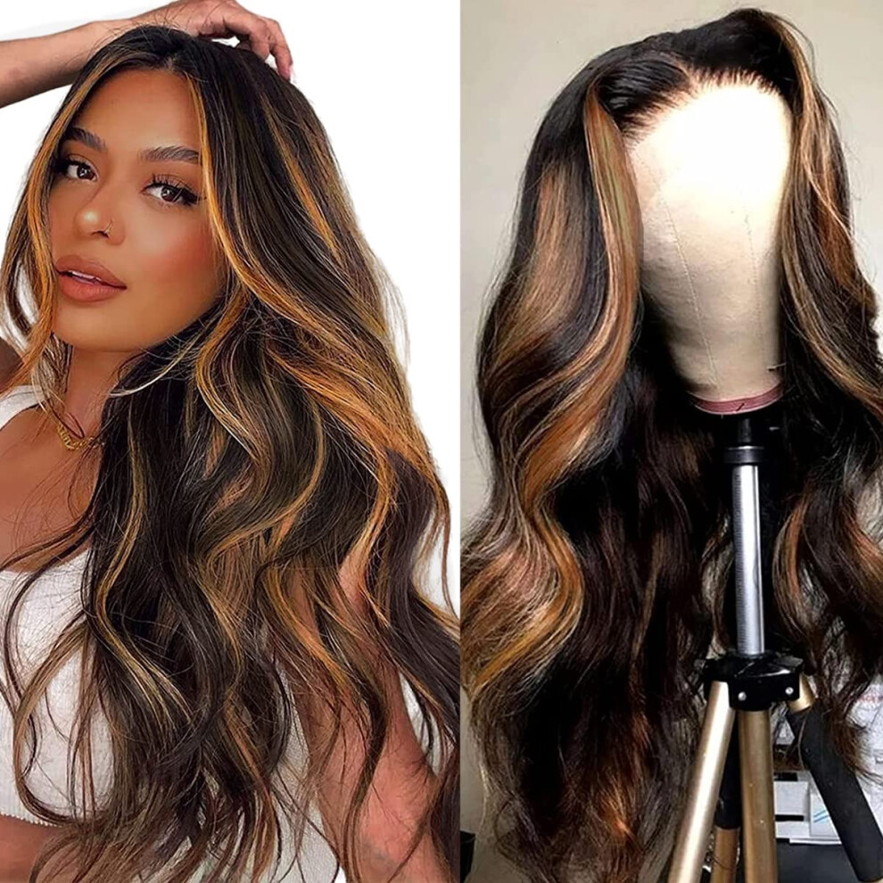Balayage Body Wave Human Hair Lace Front Wig 4x4 Ombre Closure Pre Plucked Virgin Hair 18 Inch #FB/30 Black to Honey Blonde 150% Density