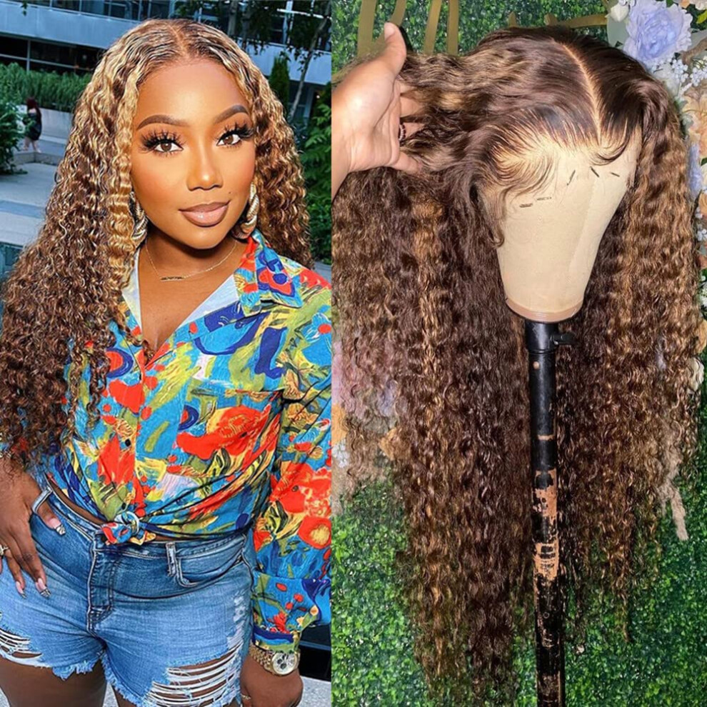 Unisex Brown Human Hair Lace Front Wig 13X4 Highlight Ombre Honey Blonde 4/27 Color Curly Brazilian Hair 150% Density