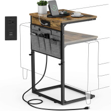Adjustable C Shaped Side Table with Charging Station, Storage, for Couch or Bed, Rustic Brown