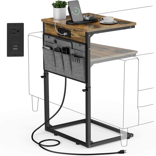 Adjustable C Shaped Side Table with Charging Station, Storage, for Couch or Bed, Rustic Brown