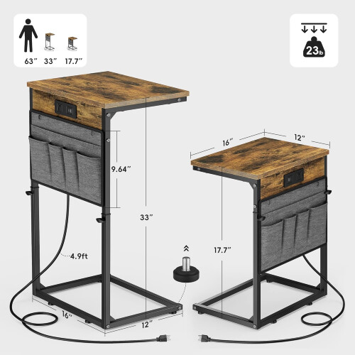 Adjustable C Shaped Side Table with Charging Station, Storage, for Couch or Bed, Rustic Brown 1