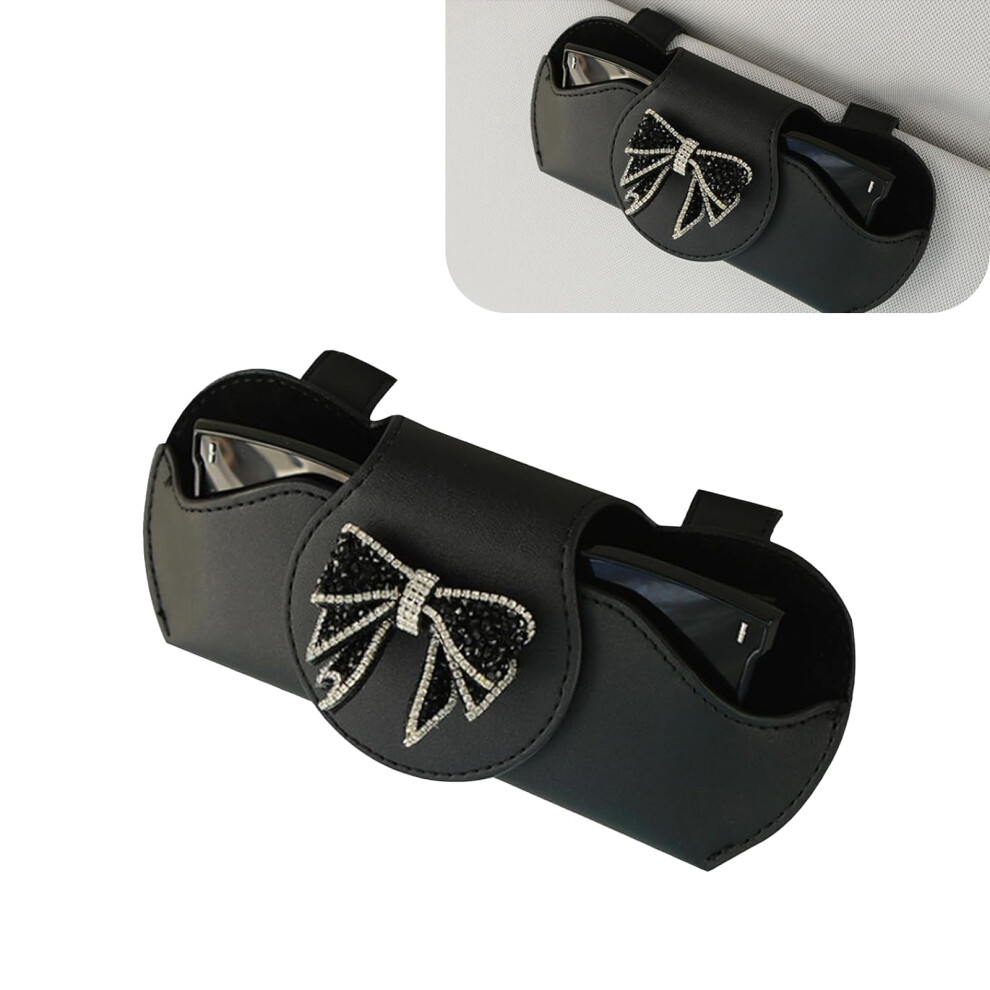 Pu Leather Car Sunglass Holder With Crystal Bow, Scratch Visor Clip For Universal Vehicles Black 9113335624375