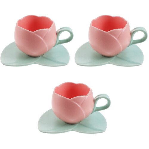 3Sets Decorative Pink Coffee Mugs with Saucer Ceramic 2
