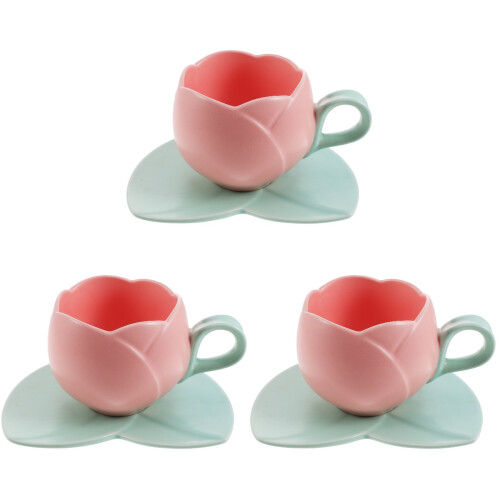 3Sets Decorative Pink Coffee Mugs with Saucer Ceramic 1