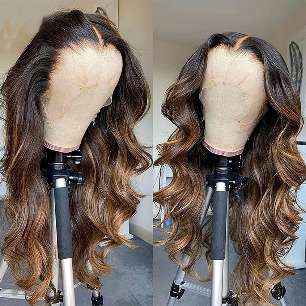 Unisex Brown 24 Inch Ombre Blonde Hd Lace Front Wig Human Hair For Women, Glueless 13X4 Transparent Lace, Preplucked Natural Hairline
