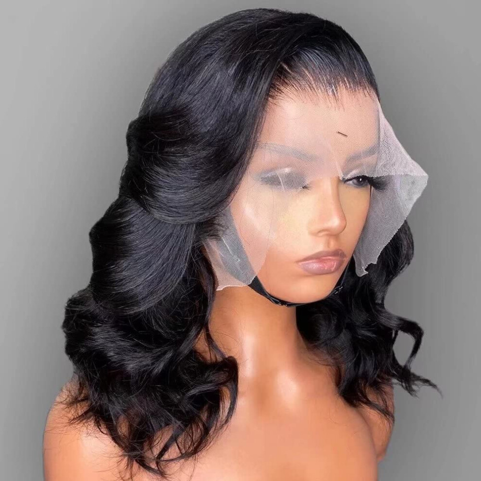 Unisex Short Wavy 13X6 Hd Transparent Lace Front Wig Human Hair Pre Plucked Bleached Knots 150% Density Brazilian Virgin Hair 14 Inch