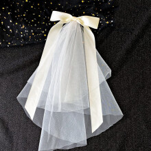 White Bridal Veil with Floral Headpiece, 40cm Tulle Bow Tie Wedding Hair Accessory for Bride