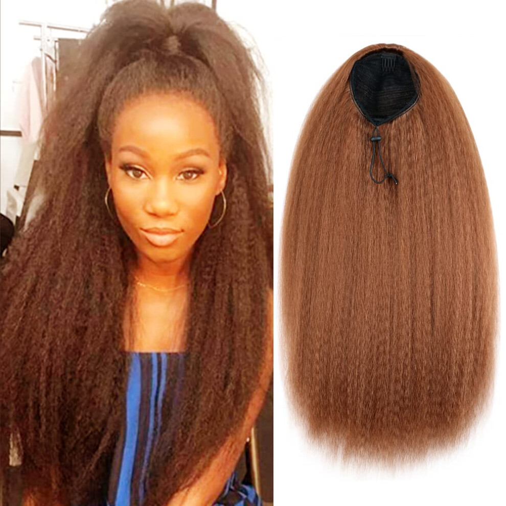 22 Inch Synthetic Kinky Straight Drawstring Ponytail Extension Dark Brown Yaki Hairpiece for Black Women