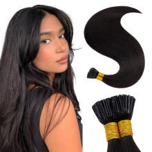 Pre Bonded Remy Human Hair Extensions 100 Strands I Tip Keratin Bond 18in #1B Natural Black Silky Straight