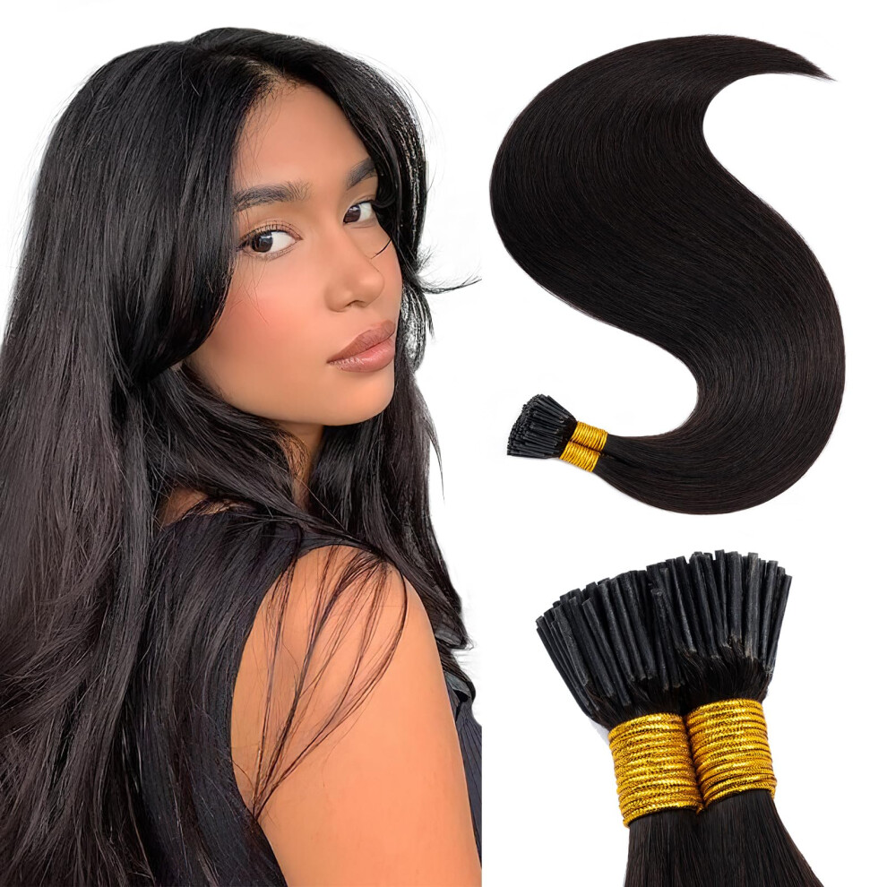 Unisex Black Pre Bonded Remy Human Hair Extensions 100 Strands I Tip Keratin Bond 18In #1B Natural Silky Straight