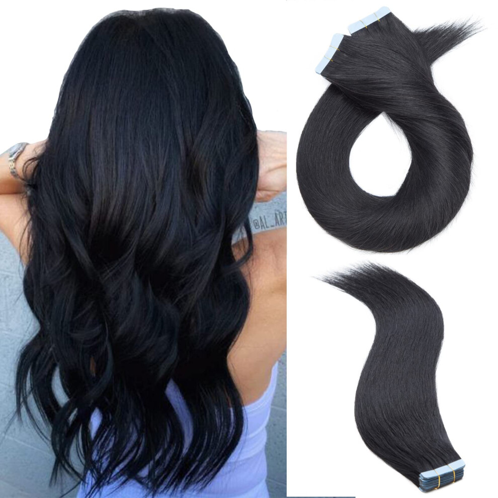Jet Black Tape In Hair Extensions 16 Inch Seamless Skin Weft Straight 100% Remy Human Hair for Natural Volume