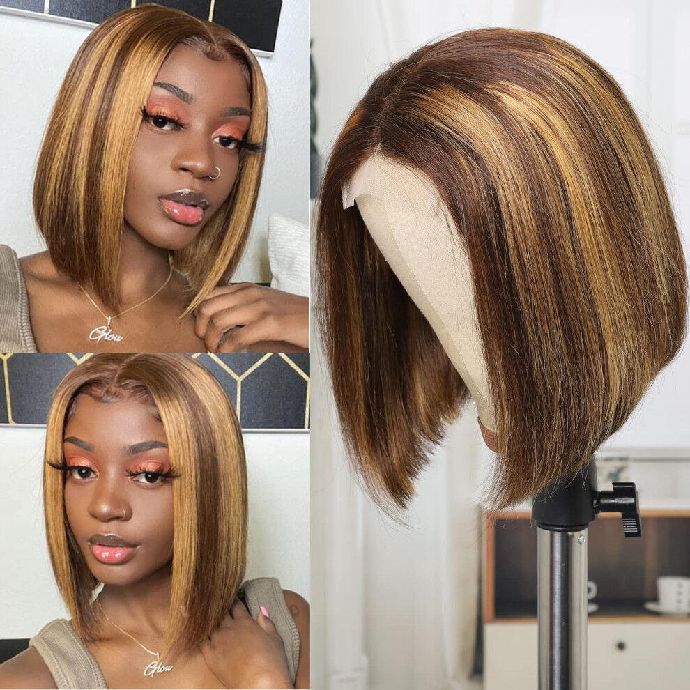 10 Inch Ombre Bob Wig Human Hair for Black Women P4/27 Blonde Highlight 4x1 Lace Closure Straight Short Wig