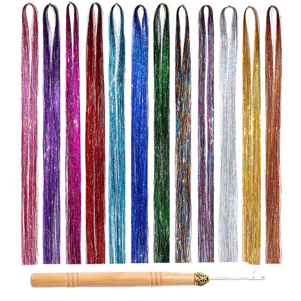 Unisex 47 Inch Hair Tinsel Extensions Kit 2000 Strands 12 Colors Sparkly MultiâColor Long TrimâToâFit HeatâResistant Fiber With Tool