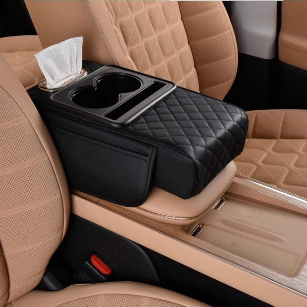 Car Armrest Organizer Quilted Pu Leather Cushion With Side Storage And Cup Holder, Universal Fit 9070919832314