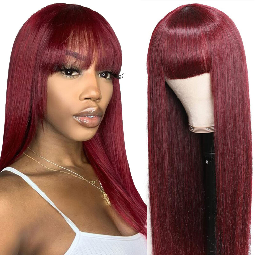 Unisex Red Burgundy Human Hair Wig With Bangs 99J Straight Glueless Wine Wig For Women 22 Inch Natural Full Density
