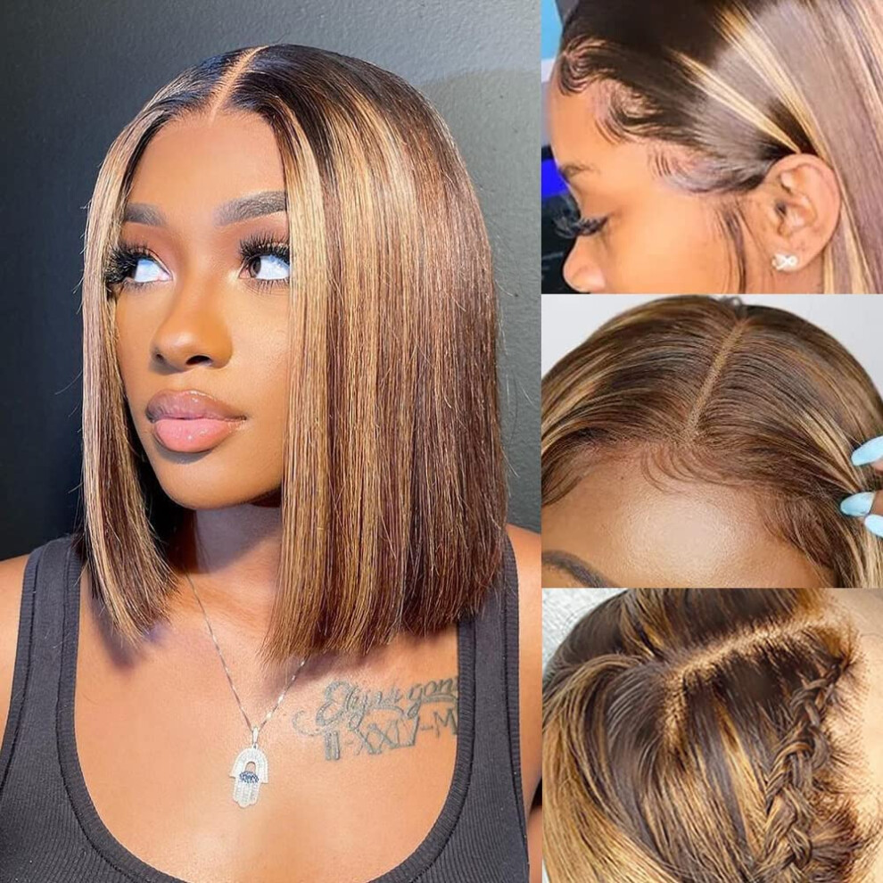 Unisex Human Hair Bob Wig 12 Inch Highlight Honey Blonde Ombre 13X4 Hd Lace Front Glueless Pre Plucked Natural Look