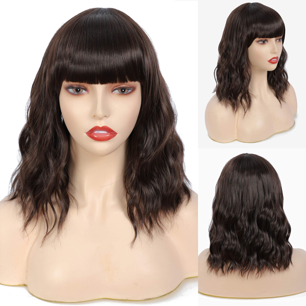 Unisex Brown Short Wavy Bob Wig With Bangs 14 Inch Heatresistant Synthetic Fiber Naturallooking For Women Dark