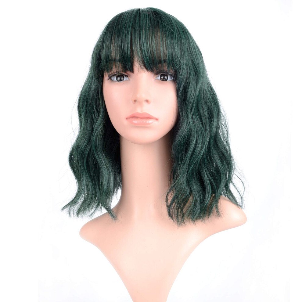 Unisex Green Pastel Short Wavy Wig With Bangs For Women, Lightweight Tangle Synthetic Cosplay Wig