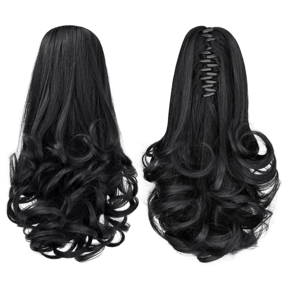 12 Inch Curly Claw Clip Ponytail Extension for Women, Natural Looking Synthetic Hairpiece Black