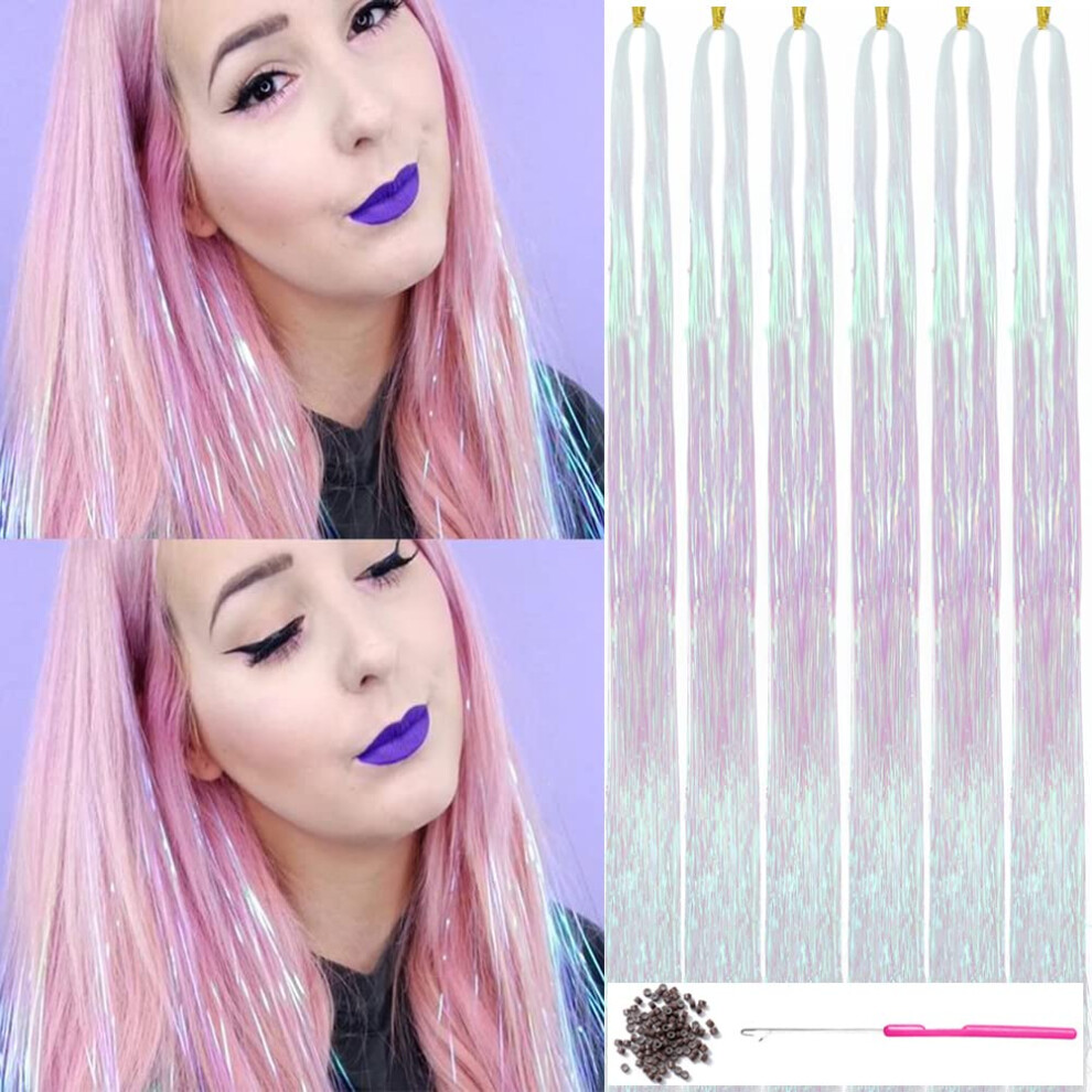 Unisex Pink,White Hair Tinsel Kit With Tool White Pink Fairy Hair Tinsel Extensions Heat Resistant Sparkling Strands 47In 6Pcs 1200 Strands