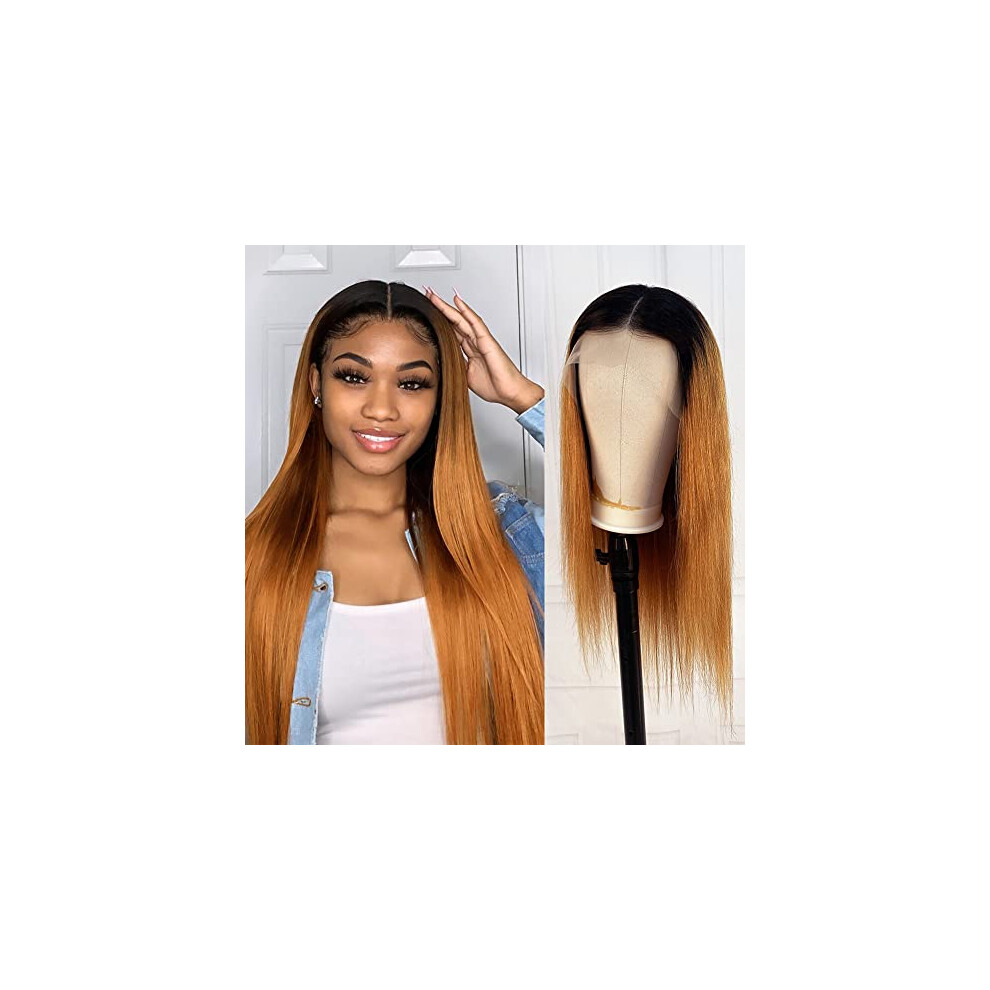 Unisex Human Hair Lace Front Wig 1B/30 Ombre Brazilian Straight 13X4 Pre Plucked Glueless Natural Hairline 18 Inch