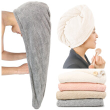 Extra Large Microfiber Hair Towel Wrap for Women, Quick Dry AntiFrizz Hair Drying Turban with Button, 4 Pack