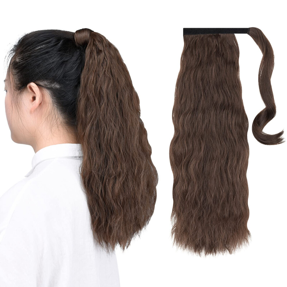 Unisex Brown Long Wavy Wrap Around Ponytail Extension For Women, Synthetic Hair Piece With Natural Blend