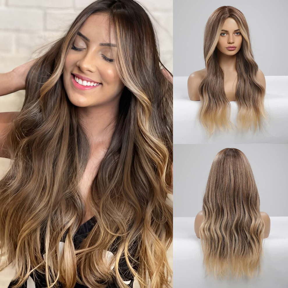 Long Wavy Wig for Women Brown Mixed Blonde Synthetic Hair with Natural Highlight Blend and Comfortable Fit