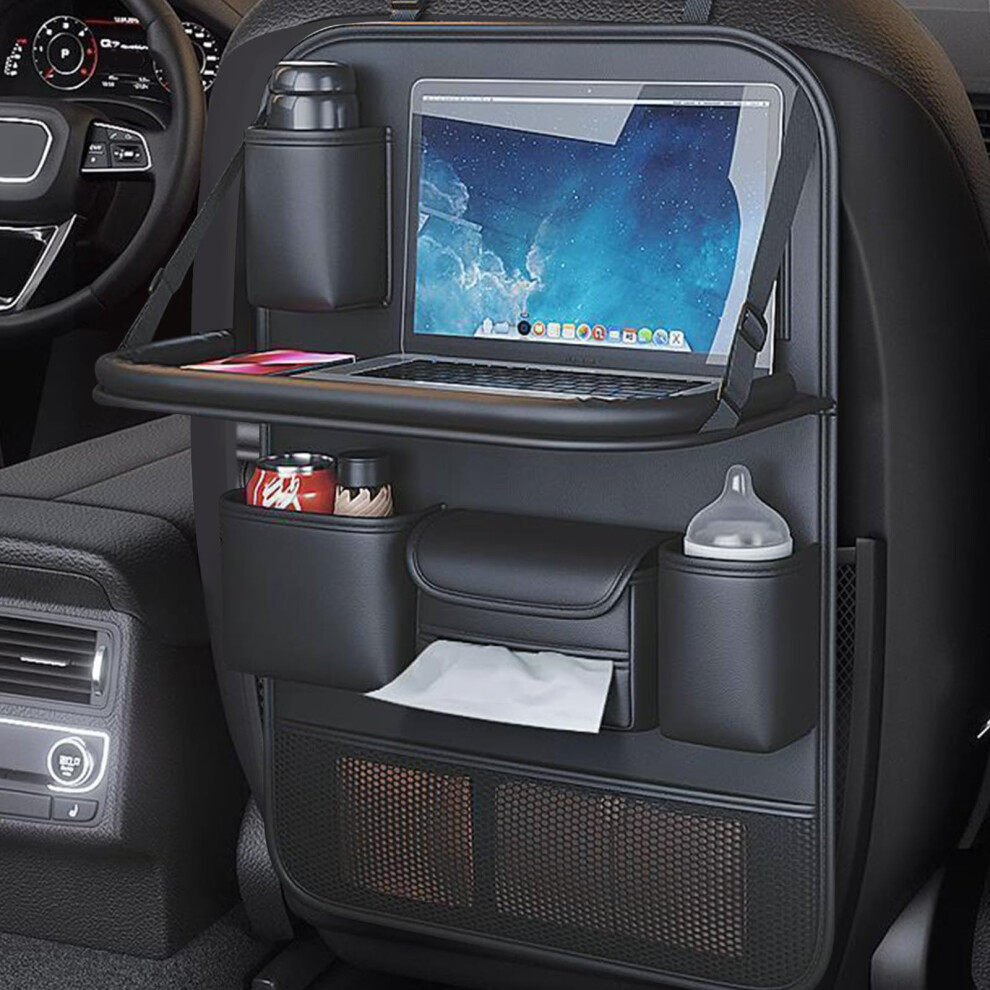 Car Backseat Organizer With Foldable Tray, Leather Seat Back Protector, Multipocket Storage For Road Trips And Kids 9113335627673