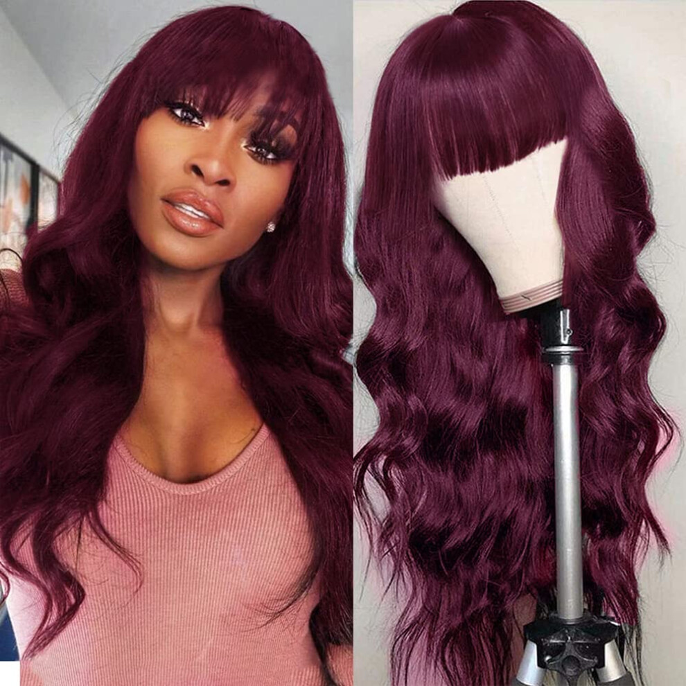 Unisex Black 99J Body Wave Wig With Bangs Glueless Virgin Human Hair 20 Inch 180% Density For Women
