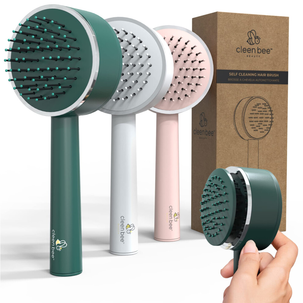 Self Cleaning Hair Brush with OneClick Detangling and AntiStatic Bristles for All Hair Types (Green)
