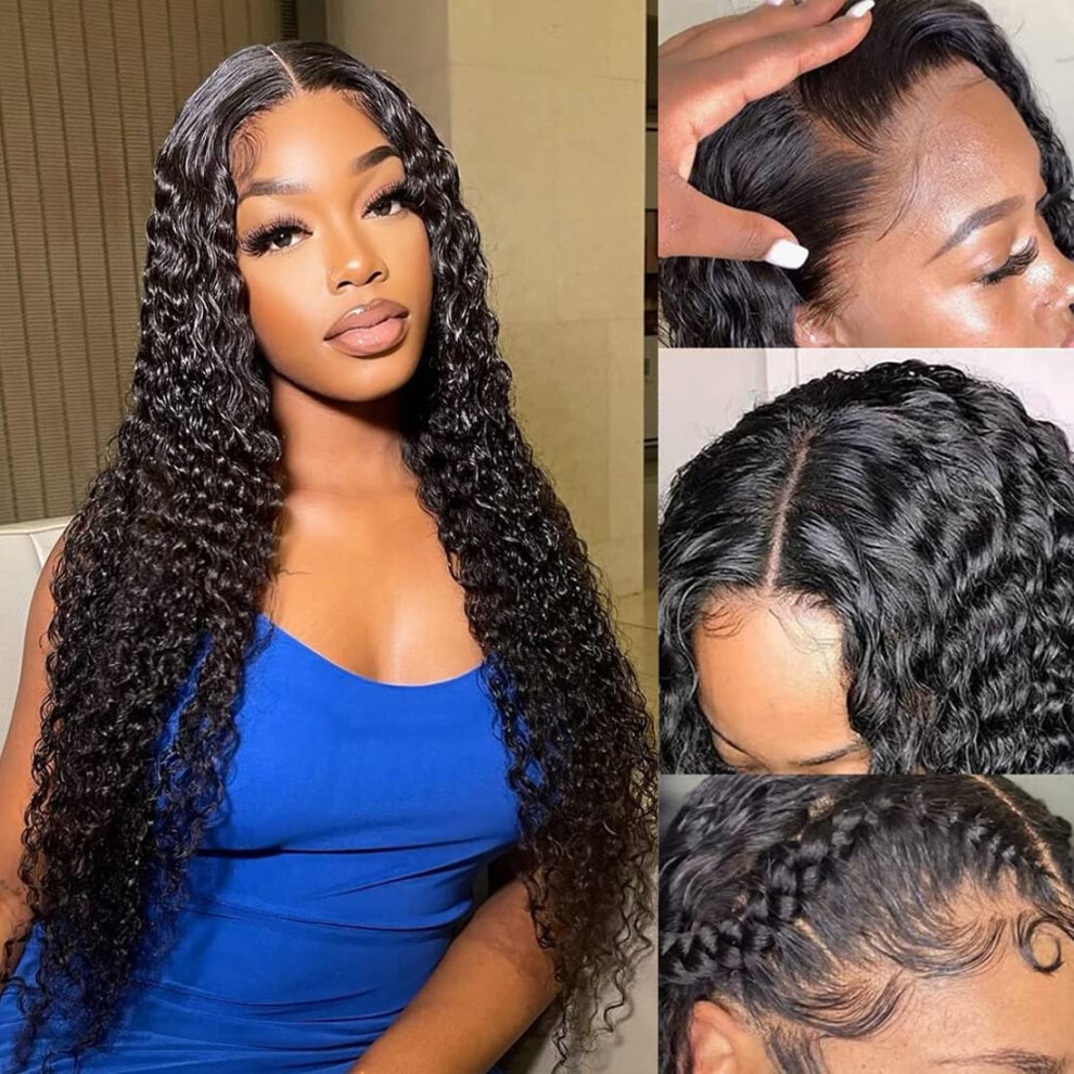 Unisex Black Human Hair Lace Front Wig Deep Wave Pre Plucked 4X4 Glueless Swiss Lace Curly Wig For Women 150% Density 20 Inch